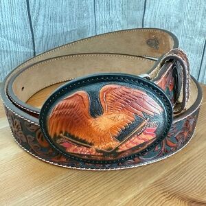 American Eagle Heritage Buckle with Justin Scrollwork Leather Belt Size 42